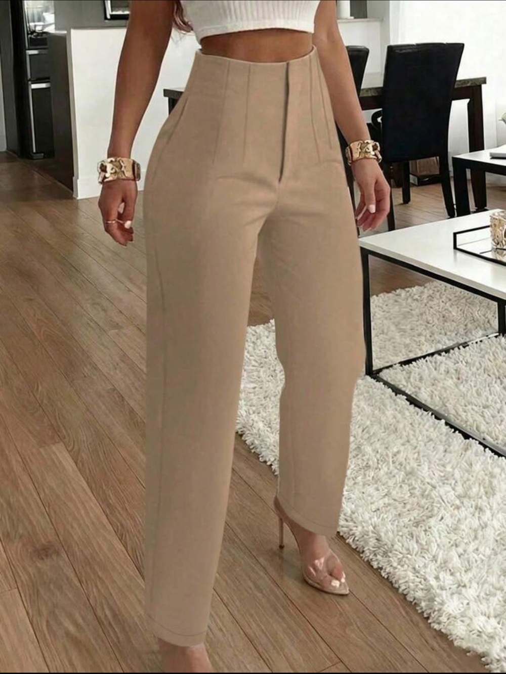 Zara High-Waist Tailored Straight Leg Pants - Beige